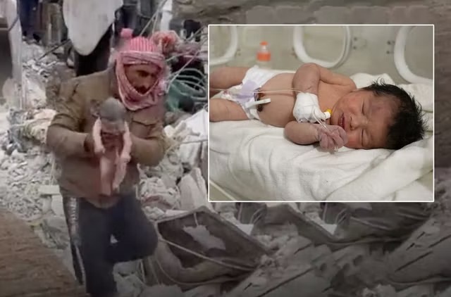 A Newborn Baby Being Rescued From Earthquake Wreckage In Syria